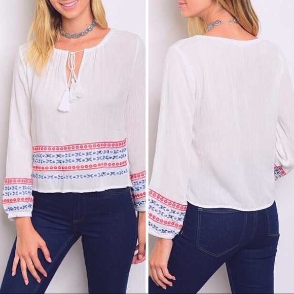 dygarni Tops - Boho Peasant Top Embroidery Sequins Puff Sleeve Tassels White Red Blue S M L